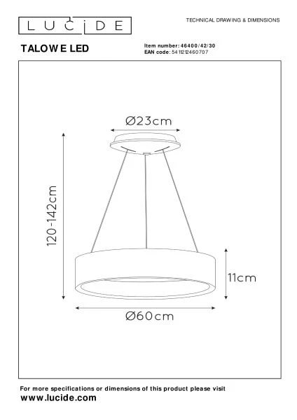 Lucide TALOWE LED - Pendelleuchten - Ø 60 cm - LED Dim. - 1x39W 3000K - Schwarz - TECHNISCH